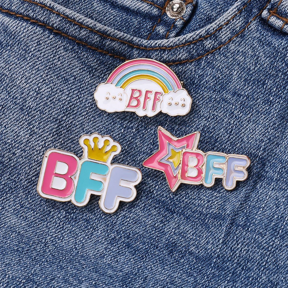 Lot de 3 Pin's Broches avec Carte - BFF - Best Friend Forever - Arc en Ciel Couronne - Fantaisie - Alliage Email