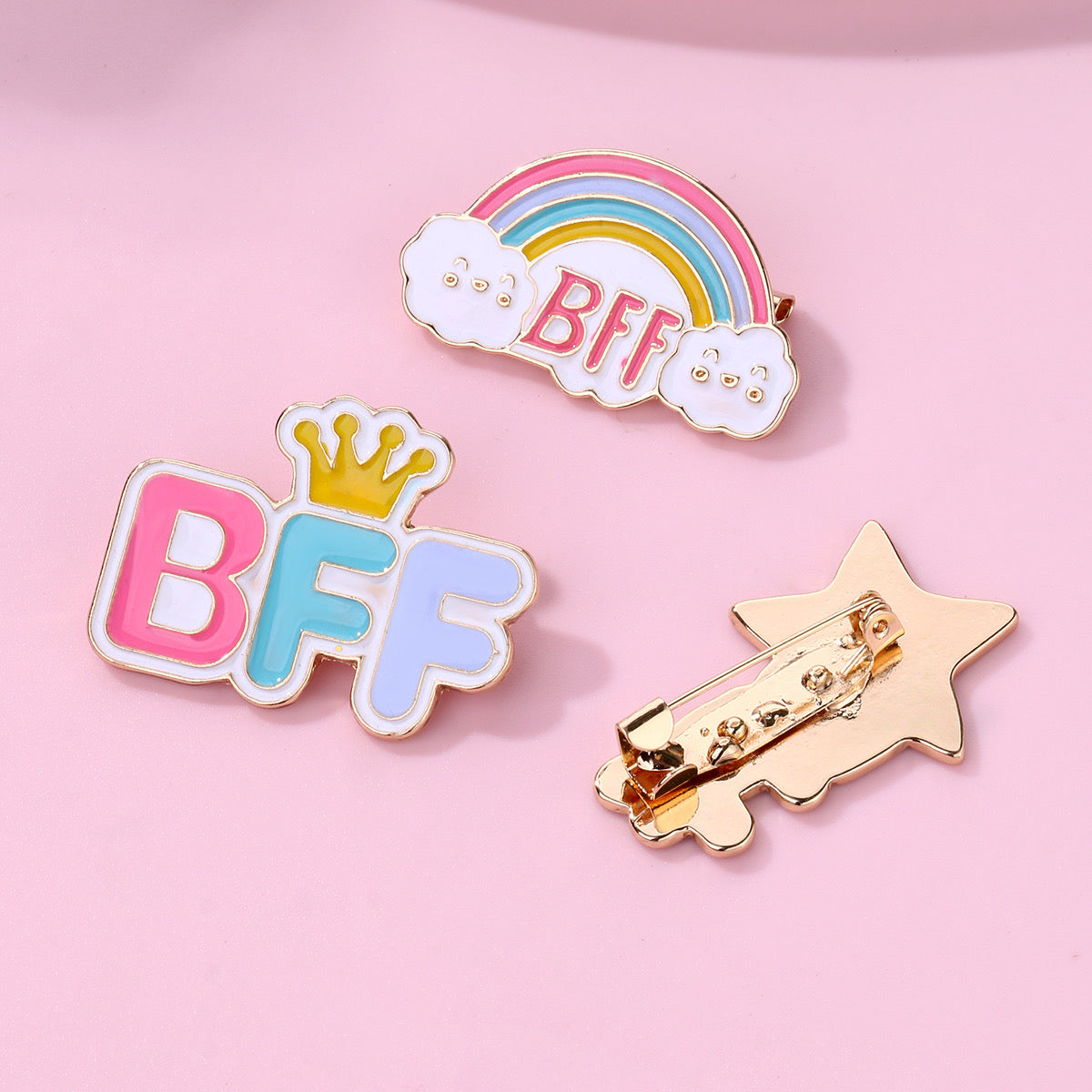 Lot de 3 Pin's Broches avec Carte - BFF - Best Friend Forever - Arc en Ciel Couronne - Fantaisie - Alliage Email