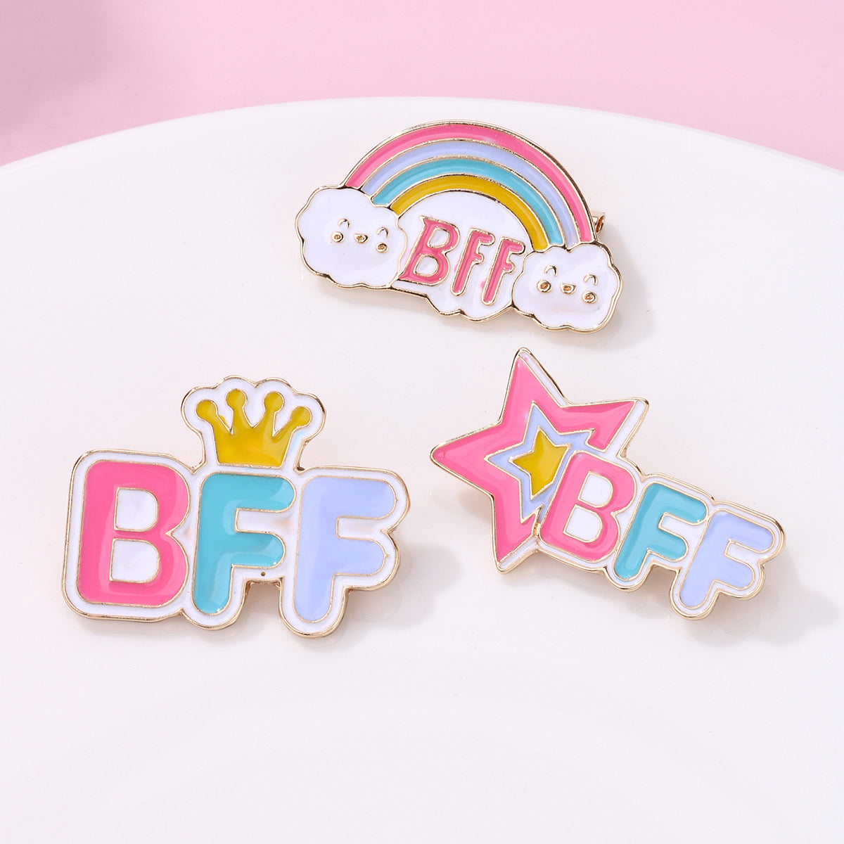 Lot de 3 Pin's Broches avec Carte - BFF - Best Friend Forever - Arc en Ciel Couronne - Fantaisie - Alliage Email