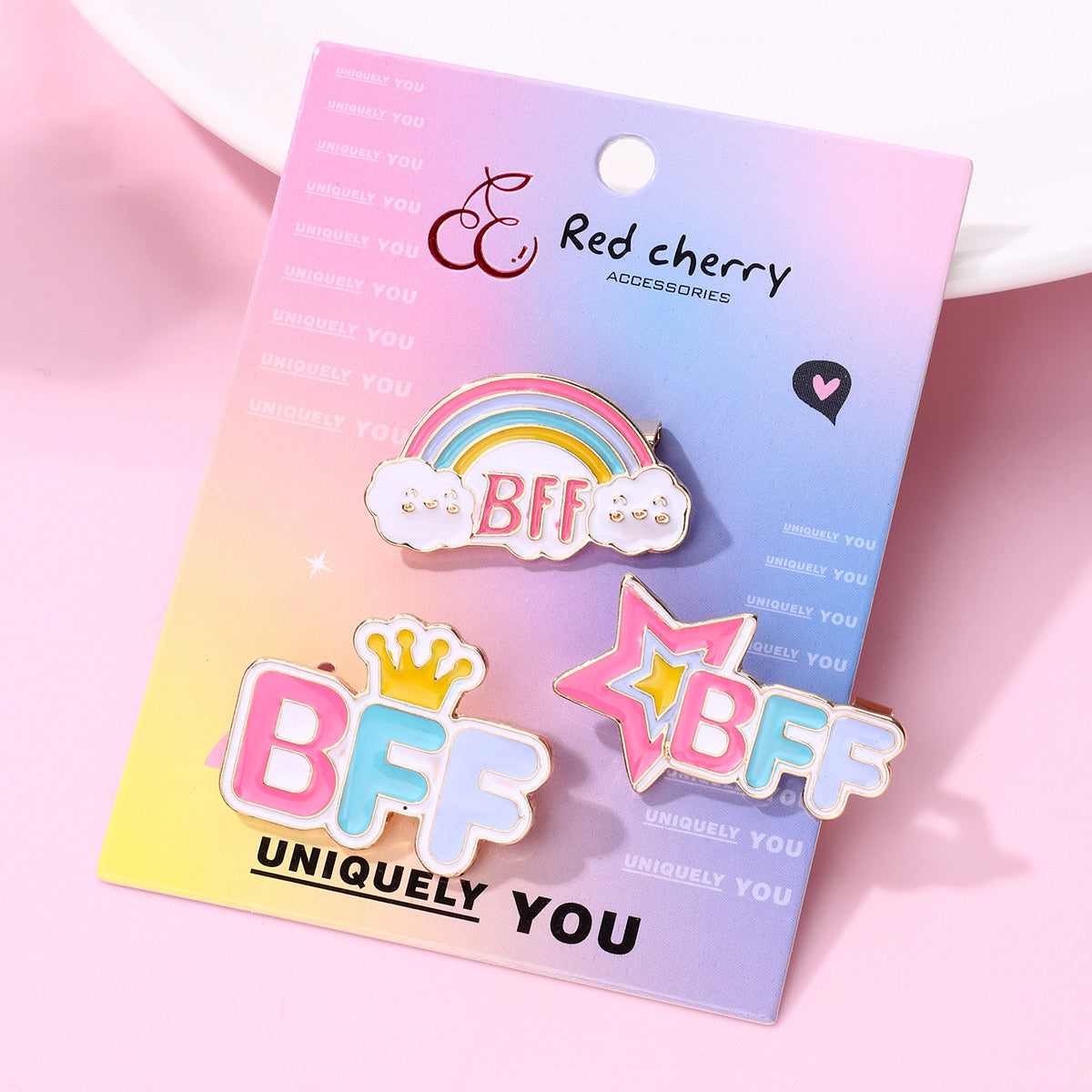 Lot de 3 Pin's Broches avec Carte - BFF - Best Friend Forever - Arc en Ciel Couronne - Fantaisie - Alliage Email