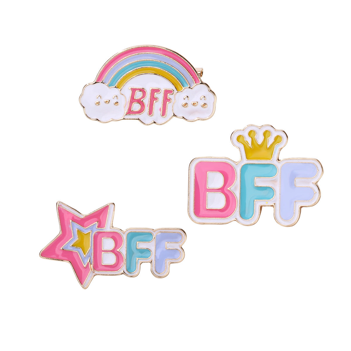 Lot de 3 Pin's Broches avec Carte - BFF - Best Friend Forever - Arc en Ciel Couronne - Fantaisie - Alliage Email