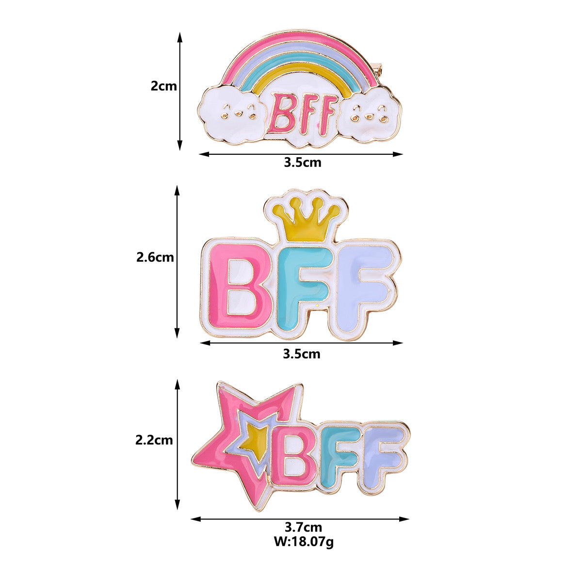Lot de 3 Pin's Broches avec Carte - BFF - Best Friend Forever - Arc en Ciel Couronne - Fantaisie - Alliage Email