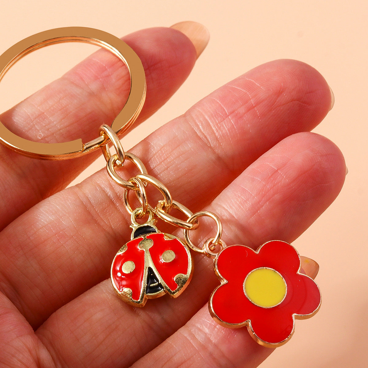 Porte Clés - Coccinelle Fleur - Coléoptères - Métal - Pendentif Sac Kawaii Mignon