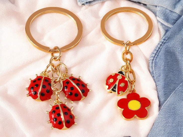 Porte Clés - Coccinelle Fleur - Coléoptères - Métal - Pendentif Sac Kawaii Mignon