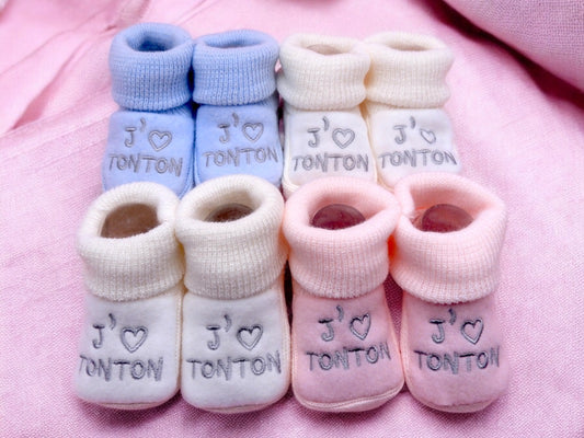 Chaussons Bébé - Taille 0-6 Mois - J’aime Tonton - Brodés Naissance Layette - Annonce Grossesse