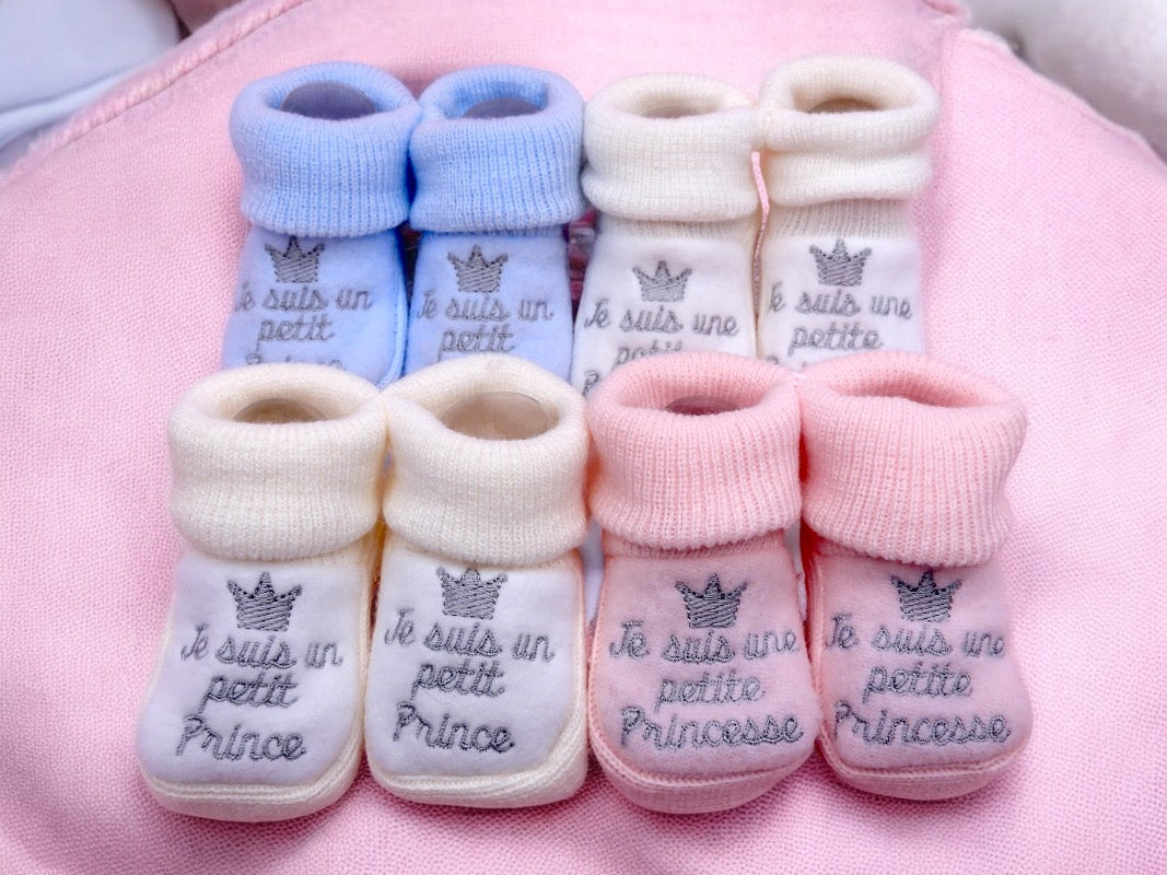 Chaussons Bébé - Taille 0-6 Mois - Prince Princesse - Brodés Naissance Layette - Annonce Grossesse