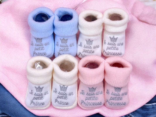 Chaussons Bébé - Taille 0-6 Mois - Prince Princesse - Brodés Naissance Layette - Annonce Grossesse