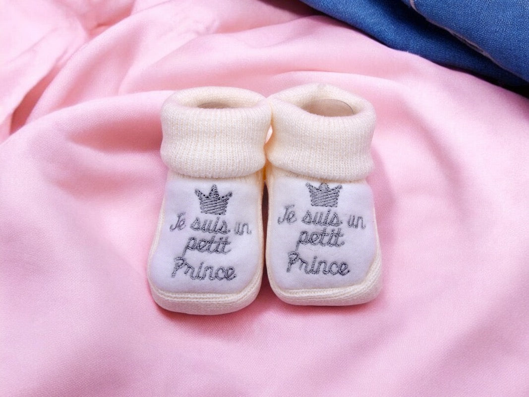Chaussons Bébé - Taille 0-6 Mois - Prince Princesse - Brodés Naissance Layette - Annonce Grossesse