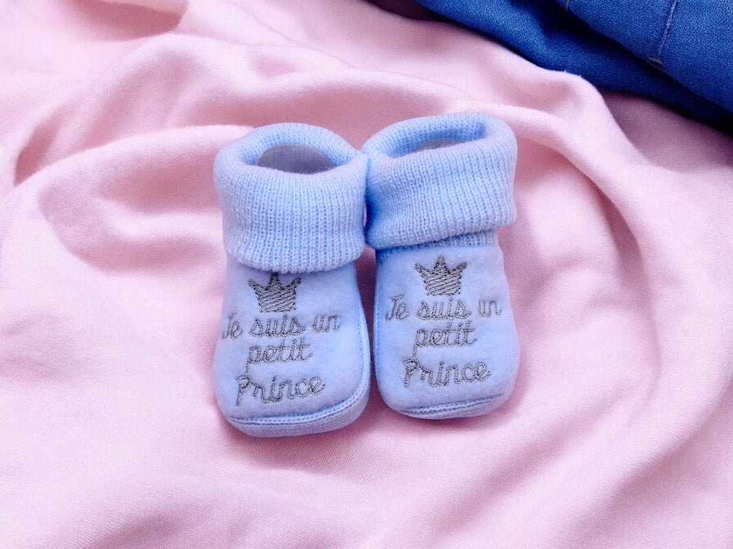 Chaussons Bébé - Taille 0-6 Mois - Prince Princesse - Brodés Naissance Layette - Annonce Grossesse