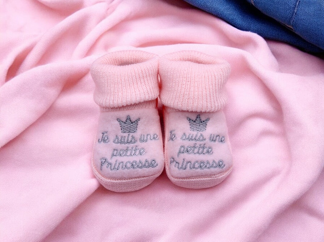 Chaussons Bébé - Taille 0-6 Mois - Prince Princesse - Brodés Naissance Layette - Annonce Grossesse