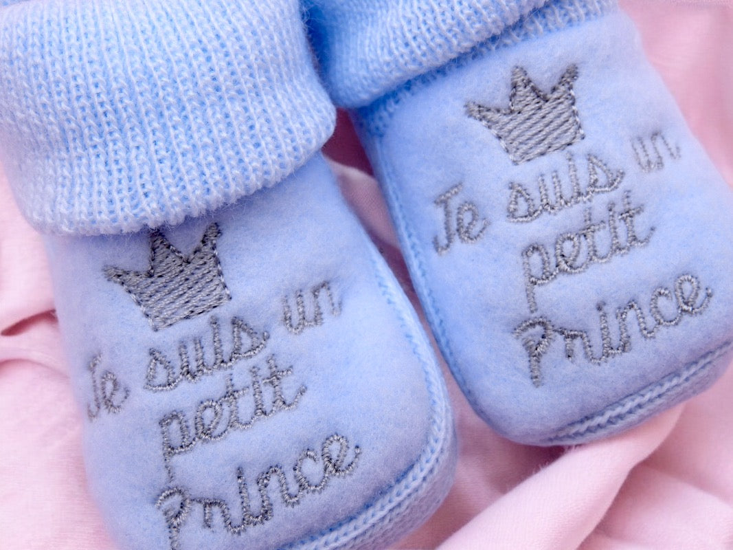 Chaussons Bébé - Taille 0-6 Mois - Prince Princesse - Brodés Naissance Layette - Annonce Grossesse