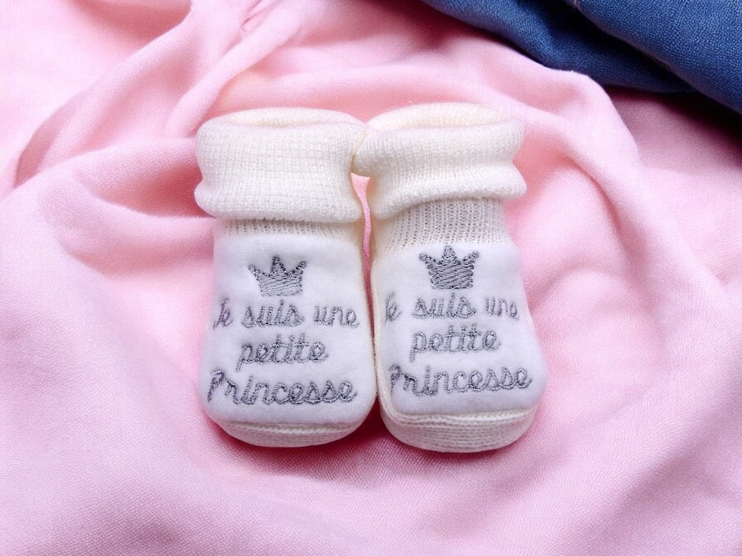 Chaussons Bébé - Taille 0-6 Mois - Prince Princesse - Brodés Naissance Layette - Annonce Grossesse