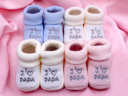Chaussons Bébé - Taille 0-6 Mois - J'aime Papa - Brodés Naissance Layette - Annonce Grossesse