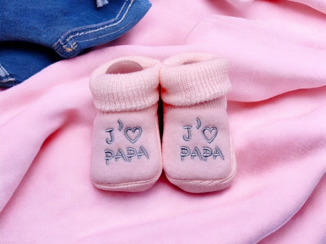 Chaussons Bébé - Taille 0-6 Mois - J'aime Papa - Brodés Naissance Layette - Annonce Grossesse