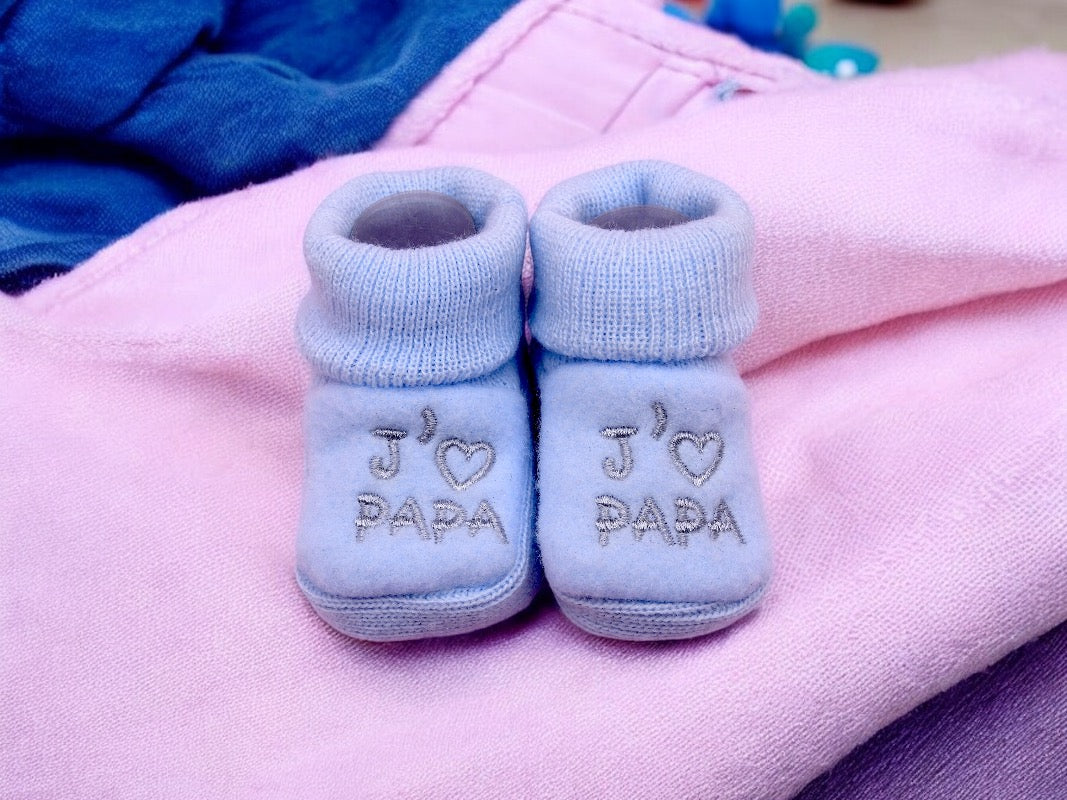 Chaussons Bébé - Taille 0-6 Mois - J'aime Papa - Brodés Naissance Layette - Annonce Grossesse