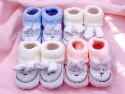 Chaussons Bébé - Taille 0-6 Mois - Lapins - Brodés Naissance Layette - Annonce Grossesse
