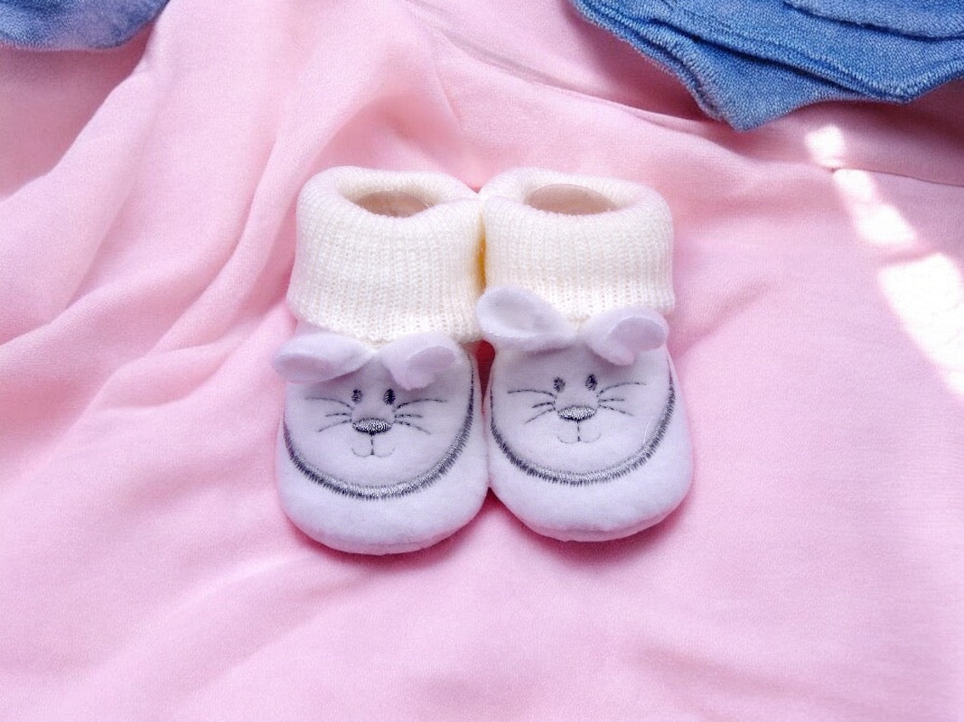 Chaussons Bébé - Taille 0-6 Mois - Lapins - Brodés Naissance Layette - Annonce Grossesse