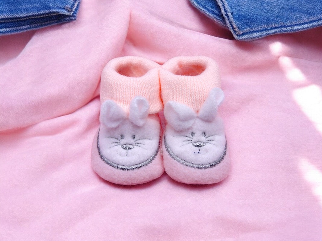 Chaussons Bébé - Taille 0-6 Mois - Lapins - Brodés Naissance Layette - Annonce Grossesse