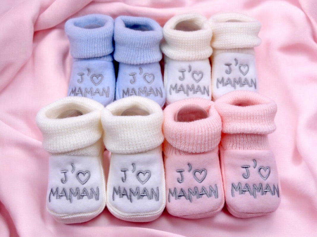 Chaussons Bébé - Taille 0-6 Mois - J'aime Maman - Brodés Naissance Layette - Annonce Grossesse