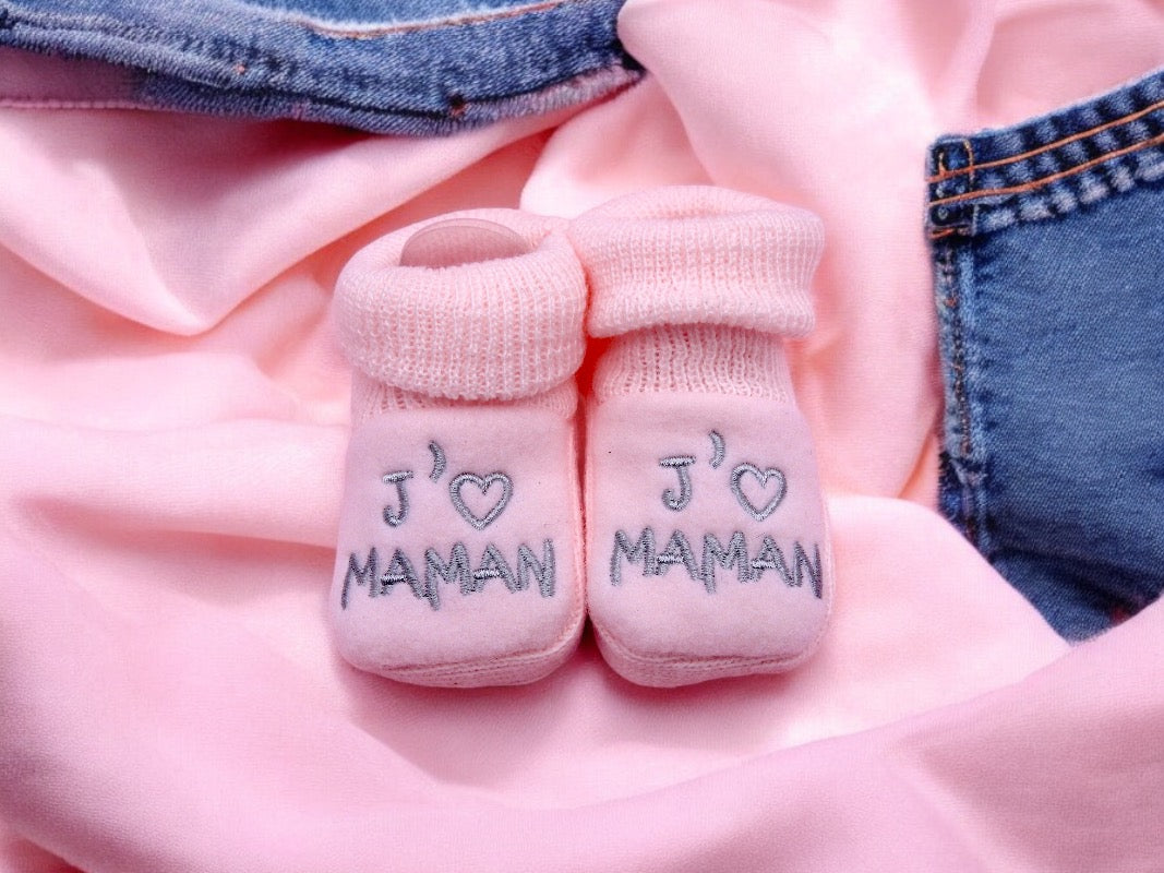 Chaussons Bébé - Taille 0-6 Mois - J'aime Maman - Brodés Naissance Layette - Annonce Grossesse