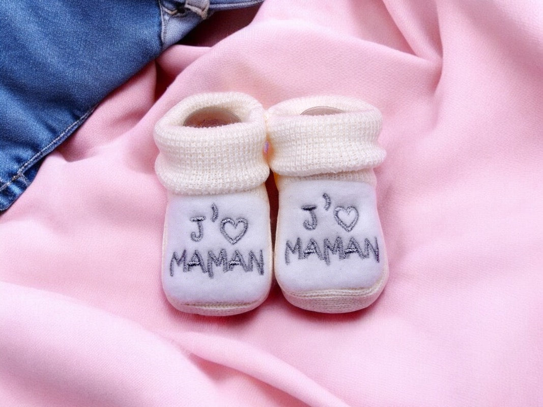 Chaussons Bébé - Taille 0-6 Mois - J'aime Maman - Brodés Naissance Layette - Annonce Grossesse