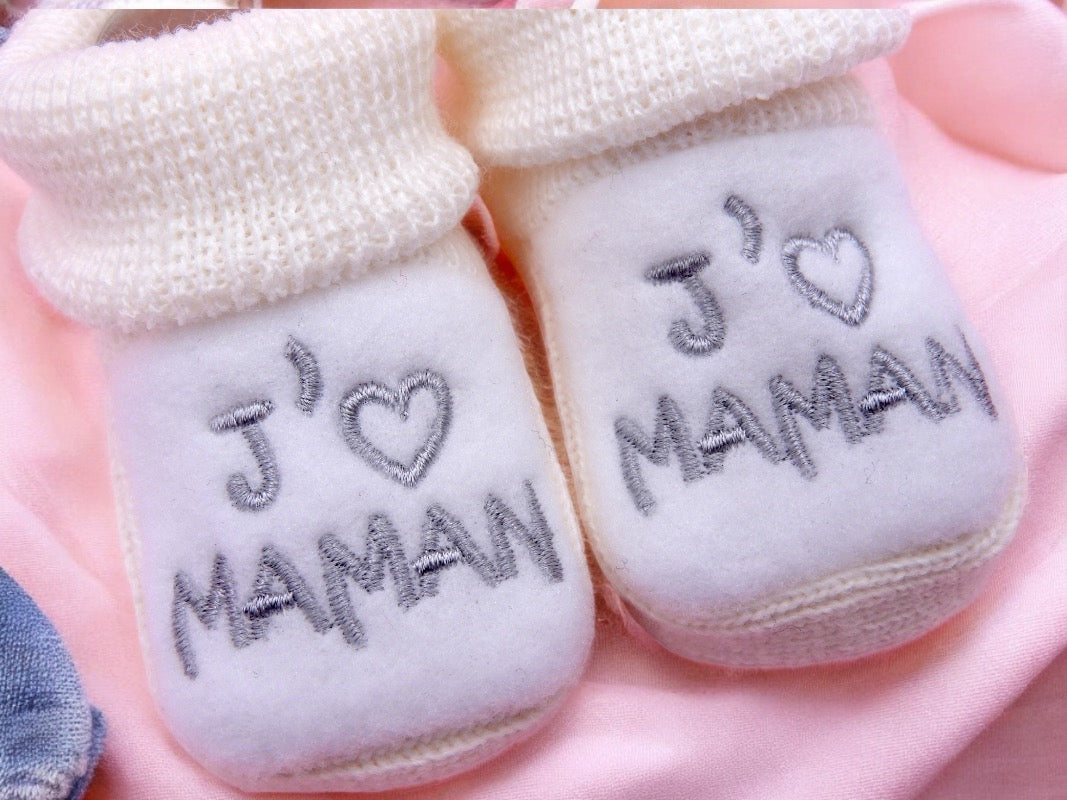Chaussons Bébé - Taille 0-6 Mois - J'aime Maman - Brodés Naissance Layette - Annonce Grossesse