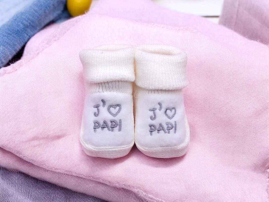 Chaussons Bébé - Taille 0-6 Mois - J'aime Papi - Brodés Naissance Layette - Annonce Grossesse