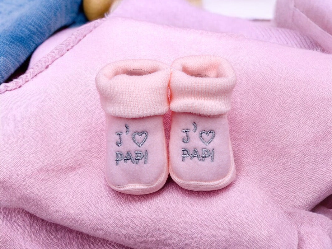 Chaussons Bébé - Taille 0-6 Mois - J'aime Papi - Brodés Naissance Layette - Annonce Grossesse