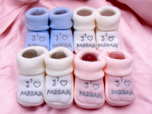 Chaussons Bébé - Taille 0-6 Mois - J'aime Parrain - Brodés Naissance Layette - Annonce Grossesse - Baptêmes - Filleul - Filleule