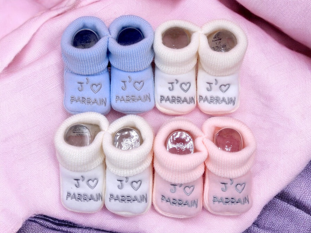 Chaussons Bébé - Taille 0-6 Mois - J'aime Parrain - Brodés Naissance Layette - Annonce Grossesse - Baptêmes - Filleul - Filleule