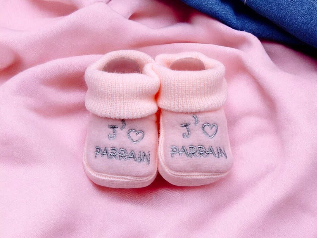 Chaussons Bébé - Taille 0-6 Mois - J'aime Parrain - Brodés Naissance Layette - Annonce Grossesse - Baptêmes - Filleul - Filleule