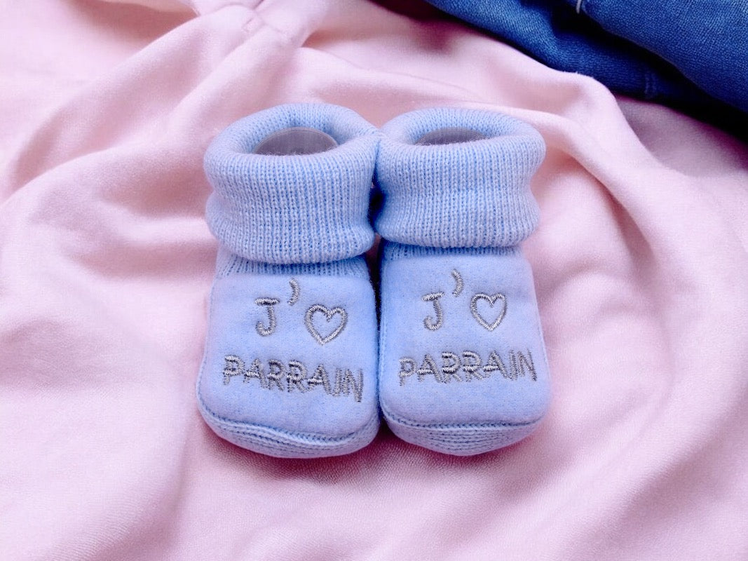 Chaussons Bébé - Taille 0-6 Mois - J'aime Parrain - Brodés Naissance Layette - Annonce Grossesse - Baptêmes - Filleul - Filleule