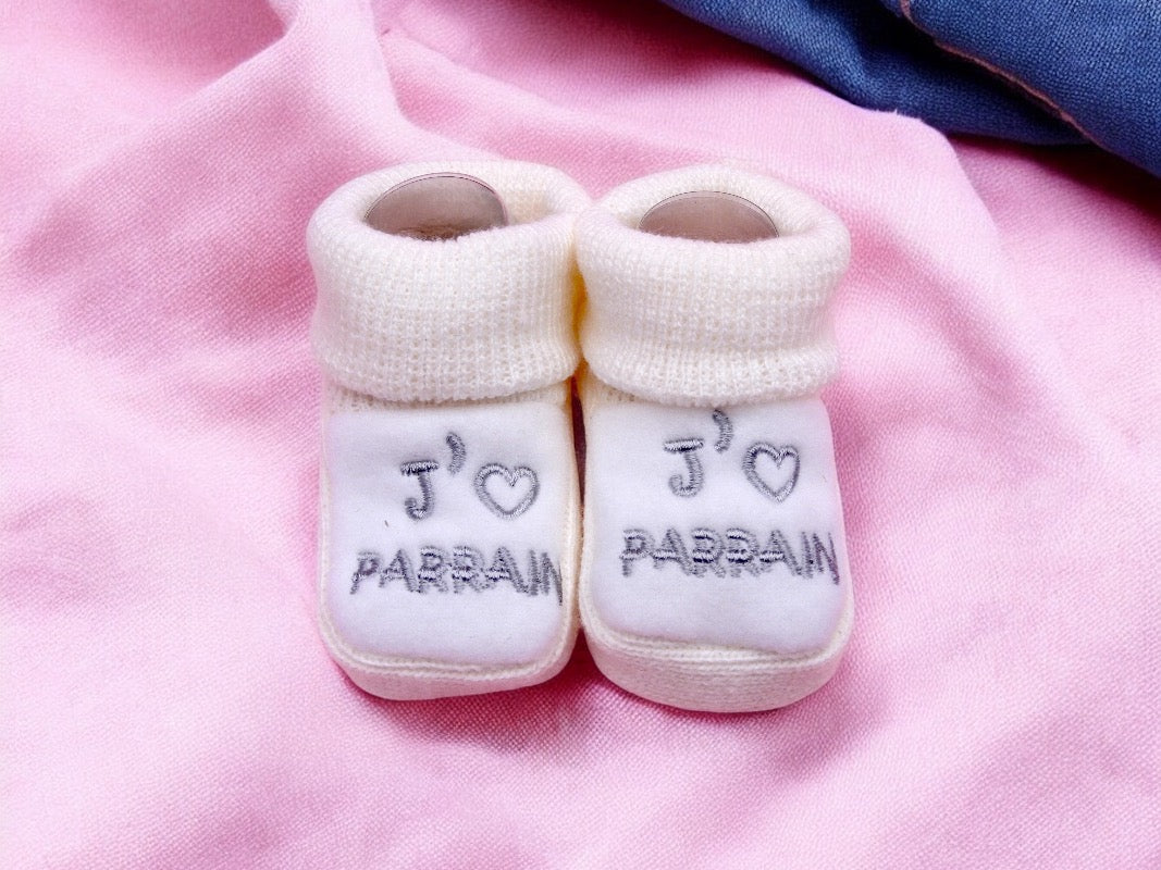 Chaussons Bébé - Taille 0-6 Mois - J'aime Parrain - Brodés Naissance Layette - Annonce Grossesse - Baptêmes - Filleul - Filleule