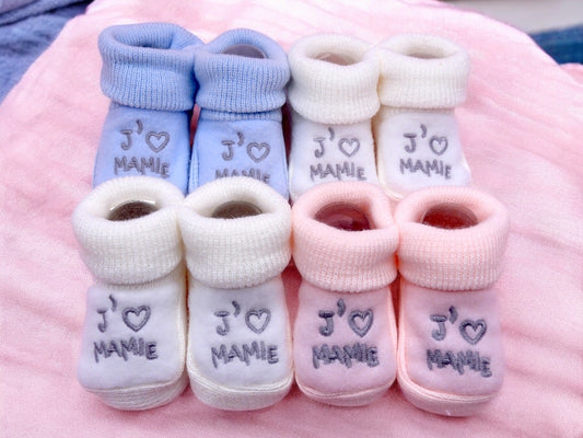 Chaussons Bébé - Taille 0-6 Mois - J'aime Mamie - Brodés Naissance Layette - Annonce Grossesse