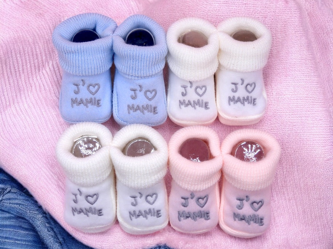 Chaussons Bébé - Taille 0-6 Mois - J'aime Mamie - Brodés Naissance Layette - Annonce Grossesse