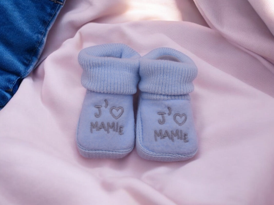 Chaussons Bébé - Taille 0-6 Mois - J'aime Mamie - Brodés Naissance Layette - Annonce Grossesse