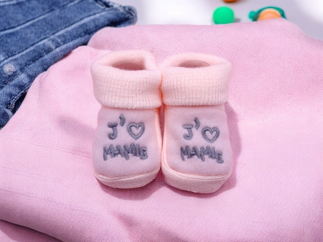 Chaussons Bébé - Taille 0-6 Mois - J'aime Mamie - Brodés Naissance Layette - Annonce Grossesse
