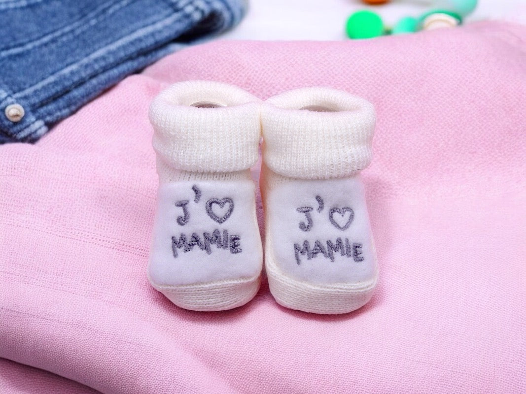 Chaussons Bébé - Taille 0-6 Mois - J'aime Mamie - Brodés Naissance Layette - Annonce Grossesse