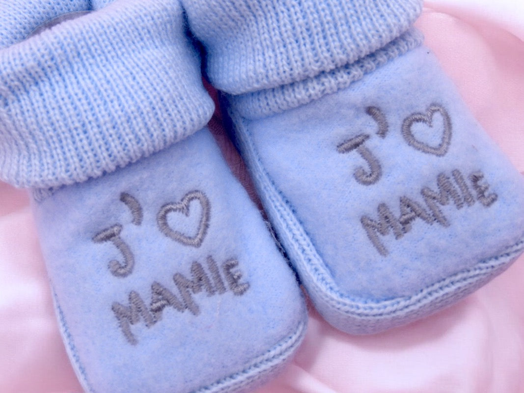 Chaussons Bébé - Taille 0-6 Mois - J'aime Mamie - Brodés Naissance Layette - Annonce Grossesse