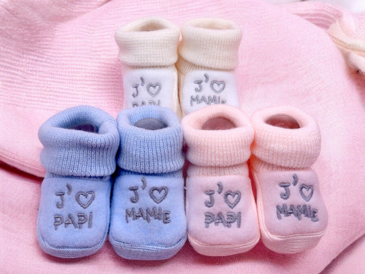 Chaussons Bébé - Taille 0-6 Mois - J'aime Mamie Papi - Brodés Naissance Layette - Annonce Grossesse Naissance