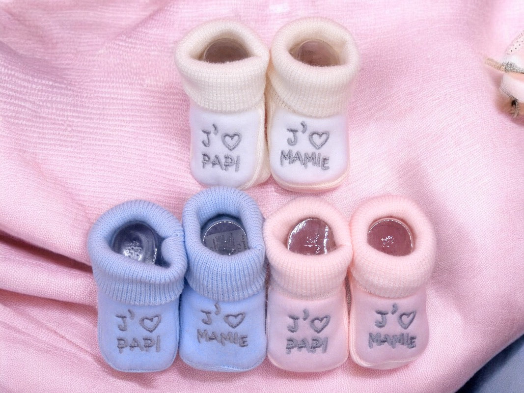 Chaussons Bébé - Taille 0-6 Mois - J'aime Mamie Papi - Brodés Naissance Layette - Annonce Grossesse Naissance