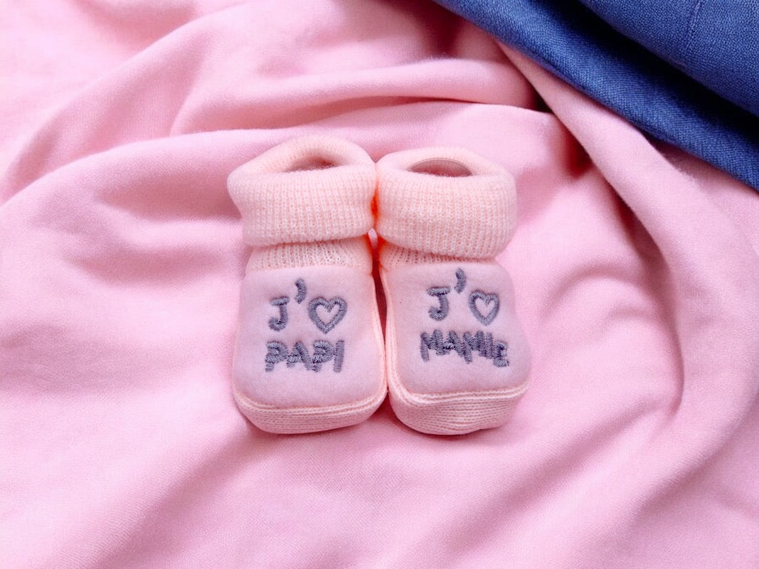 Chaussons Bébé - Taille 0-6 Mois - J'aime Mamie Papi - Brodés Naissance Layette - Annonce Grossesse Naissance