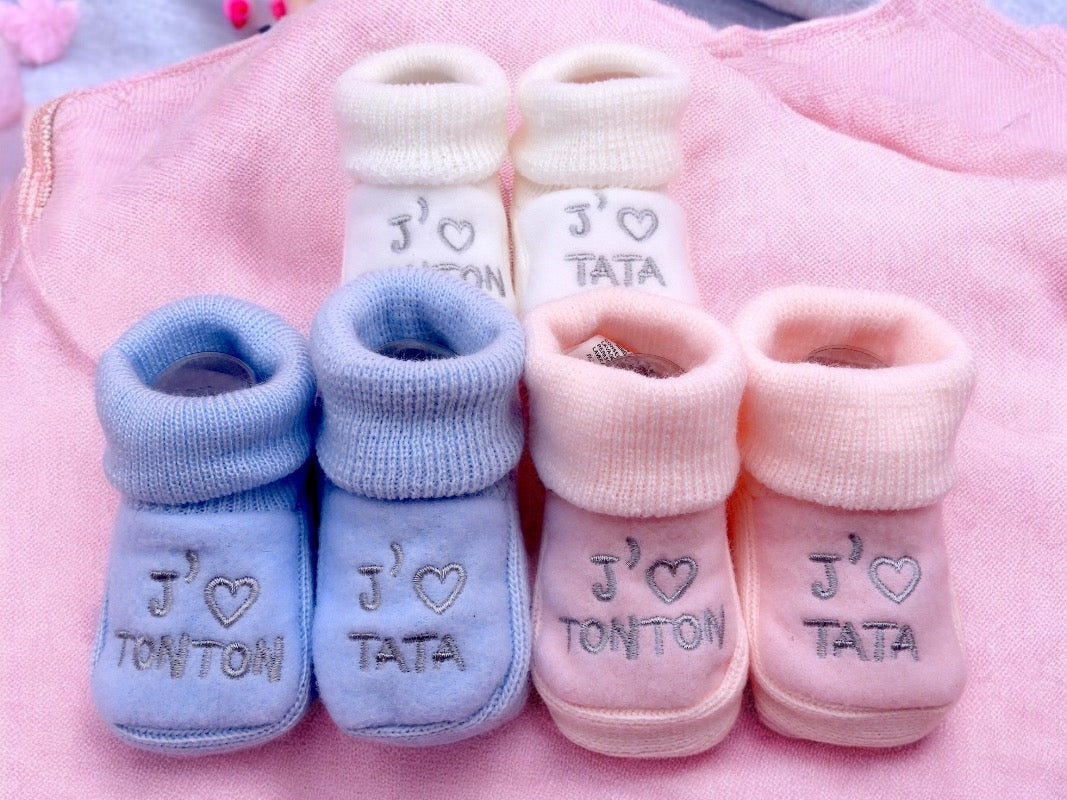 Chaussons Bébé - Taille 0-6 Mois - J’aime Tata Tonton - Brodés Naissance Layette - Annonce Grossesse