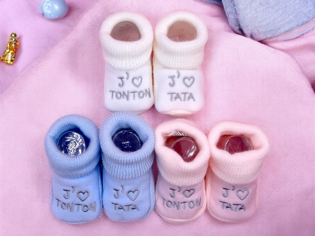 Chaussons Bébé - Taille 0-6 Mois - J’aime Tata Tonton - Brodés Naissance Layette - Annonce Grossesse