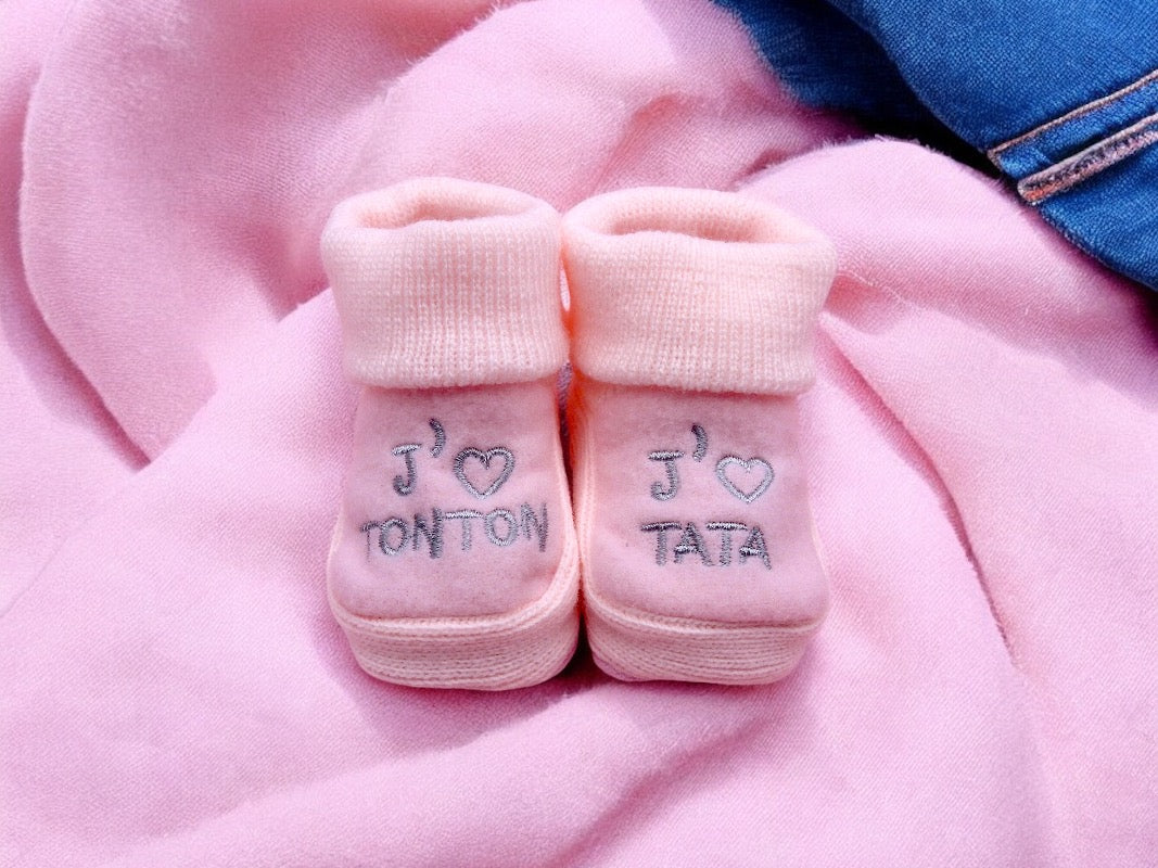 Chaussons Bébé - Taille 0-6 Mois - J’aime Tata Tonton - Brodés Naissance Layette - Annonce Grossesse