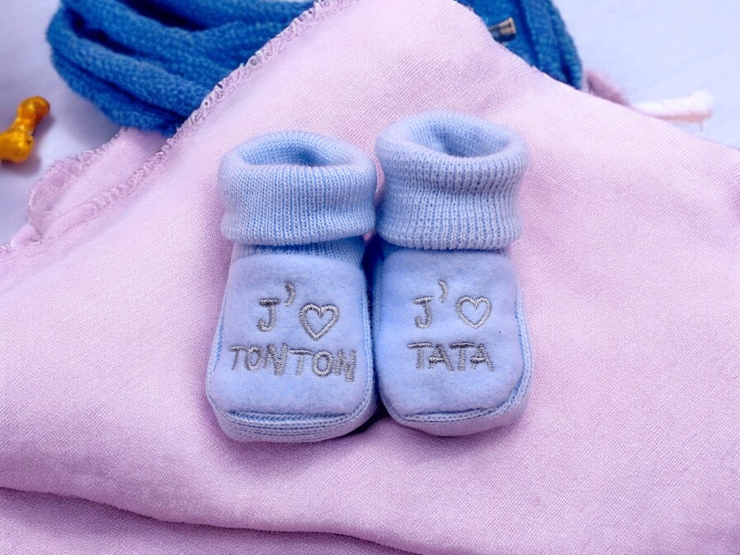 Chaussons Bébé - Taille 0-6 Mois - J’aime Tata Tonton - Brodés Naissance Layette - Annonce Grossesse