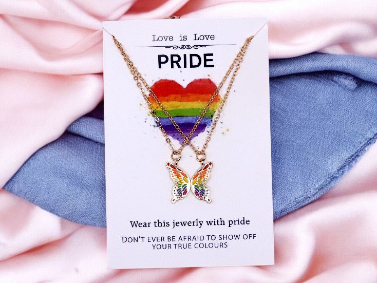 Lot de 2 Colliers D'amitié avec Carte - Papillons Arc en ciel - BFF - Best Friends Forever - Amoureux Couple - LGBT Pride
