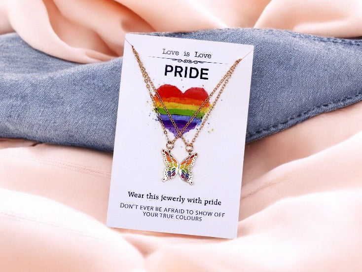 Lot de 2 Colliers D'amitié avec Carte - Papillons Arc en ciel - BFF - Best Friends Forever - Amoureux Couple - LGBT Pride