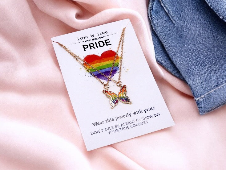 Lot de 2 Colliers D'amitié avec Carte - Papillons Arc en ciel - BFF - Best Friends Forever - Amoureux Couple - LGBT Pride
