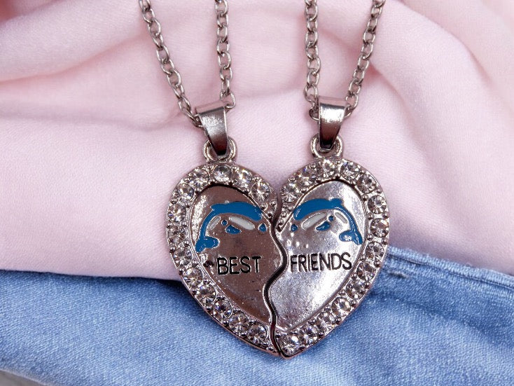 Set of 2 Dolphin Heart Friendship Necklaces - BFF Best Friends Forever - Fantasy - Silver Pendant and Chain